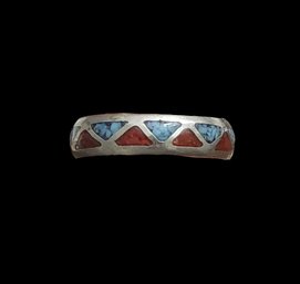 Vintage Native American Style Turquoise Coral Inlay Ring, Size 11.5