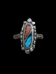 Vintage Native American Sterling Silver Turquoise Coral Inlay Ring, Size 5.5