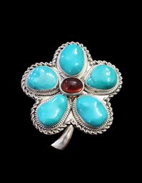 Beautiful Vintage Sterling Silver Turquoise Amber Brooch