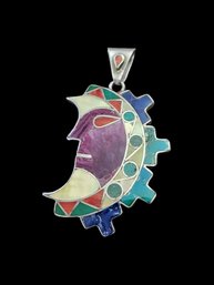 Vintage Sterling Silver Mother Of Pearl Multi Color Inlay Moon Pendant, Stamped 850