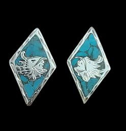 Vintage Sterling Silver Turquoise Inlay Screw On Earrings