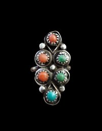 Gorgeous Vintage Native American Sterling Silver Turquoise Coral Ring, Size 4.5