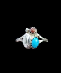 Vintage Native American Sterling Silver Turquoise Coral Ring, Size 5.5