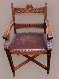 Antique Renaissance Style Carved Walnut Chair With Original Leather And Nail Head Trim Early 1900's