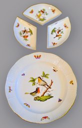 Classic Herend China/Porcelain Serving Platter With Three Compartments And Beautiful Bird Motif