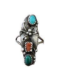 Gorgeous Vintage Native American Sterling Silver Turquoise Coral Ring, Size 6