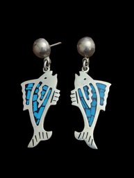 Beautiful Vintage Taxco Mexico Sterling Silver Turquoise Inlay Fish Earrings