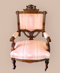 Gorgeous Edwardioan Antique Carved Burr Walnut & Inlaid/Ebonized Wood Open Back Chair With Original Upholstry