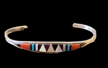 Gorgeous Vintage Native American Zuni Sterling Silver Turquoise, Coral, Mother Of Pearl Bracelet