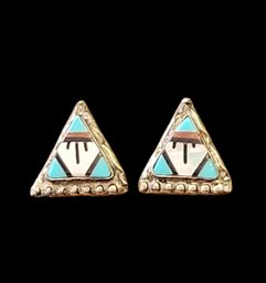 Beautiful Vintage Native American Zuni Turquoise, Coral, Mother Of Pearl Stud Earrings