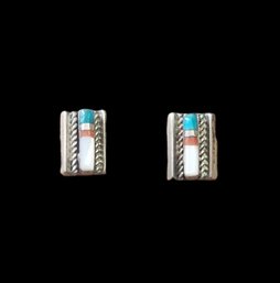 Vintage Native American Sterling Silver Turquoise, Coral, Mother Of Pearl Stud Earrings