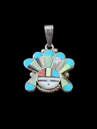 Beautiful Vintage Native American Zuni Sterling Silver Turquoise Mother Of Pearl Pendant