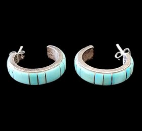 Gorgeous Vintage Sterling Silver Turquoise Hoop Earrings