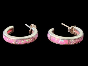 Beautiful Vintage Sterling Silver Pink Opal Hoop Earrings