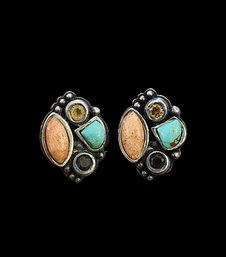 Gorgeous Vintage Designer Barse Sterling Silver Multi Color Stud Earrings