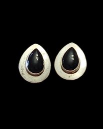 Vintage Sterling Silver Onyx Teardrop Clip On Earrings