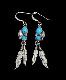 Vintage Native American Running Bear Navajo Sterling Silver Turquoise Feather Dangle Earrings