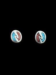 Vintage Sterling Silver Turquoise Coral Inlay Stud Earrings