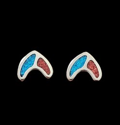 Vintage Turquoise Coral Inlay Stud Earrings