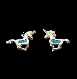 Vintage Handcrafted Genuine Turquoise Inlay Unicorn Stud Earrings