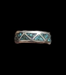 Vintage Native American Sterling Silver Turquoise Inlay, Size 5.5