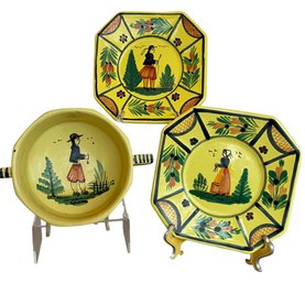 Lot Of 3 Quimper 'SOLEIL' Yellow Breton Woman & Man 2 Plates, 1 Bowl