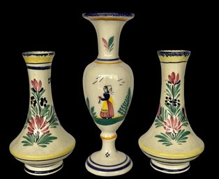 Vtg Lot Of 3 Quimper Bud Vases One Matched Set & One Taller Vase