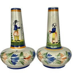 Vtg Rare Pair Of Quimper Bud Vases Breton Man & Woman-no Issues Seen!