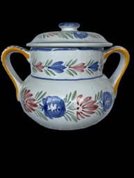 Vtg Quimper Double Handled  Bean Pot With Lid **a Few Pits, No Chips!**