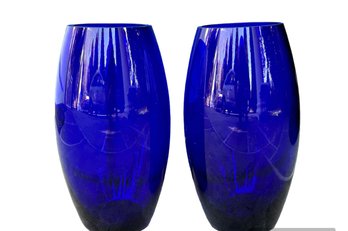 Vintage Pair Of 9.5' Height Blue Cobalt Vases  No Issues ( READ Description)