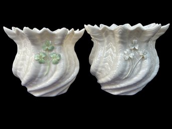 Lot /2 Belleek Ireland Carlington Crimped Cache Pots-4TH MARK 1946-1955 FIRST GREEN MARK 5TH MARK 1955-1965