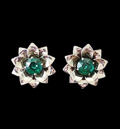 Gorgeous Vintage Sterling Silver Emerald Flower Screw On Earrings