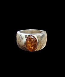 Vintage Sterling Silver Amber Ring, Size 7