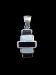 Vintage Sterling Silver Onyx Mother Of Pearl Pendant