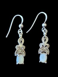 Vintage Sterling Silver Marcasite White Stone Dangle Earrings