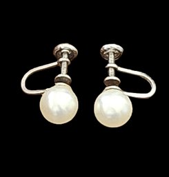 Beautiful Vintage Sterling Silver Designer Marvel Pearl Screw On Earrings