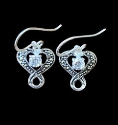 Vintage Sterling Silver Marcasite CZ Dangle Earrings