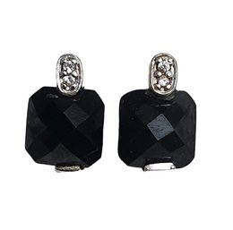 Vintage Sterling Silver Faceted Onyx Stud Earrings