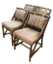 A Vintage Set Of Four Bamboo Dining Chair With Cushions