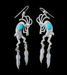 Beautiful Vintage Sterling Silver Turquoise Color Stone Kokopelli Dangle Earrings