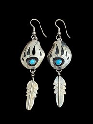 Vintage Sterling Silver Turquoise Color Bear Paw Feather Dangle Earrings