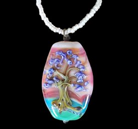 Beautiful Vintage Sterling Silver Pink Beaded Artisan Multi Color Tree Necklace