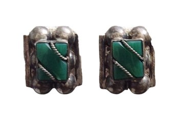 Vintage Sterling Silver Mexican Green Screw On Earrings