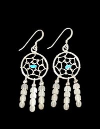 Vintage Sterling Silver Turquoise Color Dream Catcher Earrings