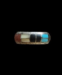 Vintage Native American Sterling Silver Zuni Designer Tsadiase Multi Color Inlay Ring, Size 6.5