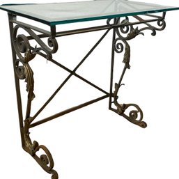 A Vintage Wrought Iron Console Table  With Glass Top