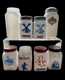 Lot Of 8 Vtg Assorted White Milk Glass Salt & Pepper Shakers Plus Dove Ground Mustard (READ DESCRIPTION)