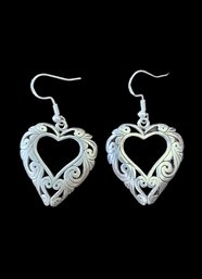 Beautiful Vintage Sterling Silver Intricate Heart Dangle Earrings