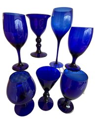 Lot Of 7 Assorted Cobalt Glass Stemware: 1 Marked Bristol Flared Lip, 1 Matching Pr. 7', Empoli Style Brandy