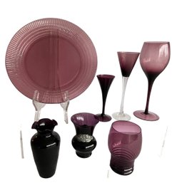 Lot Of 7 Amethyst Items: 2 Bud Vases, 1 Tumbler, 3 Stemwear Glasses, 1 Dinner Plate